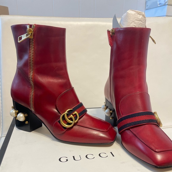 Gucci Red Pearl Embellished Peyton Ankle Boots - Picture 5 of 5